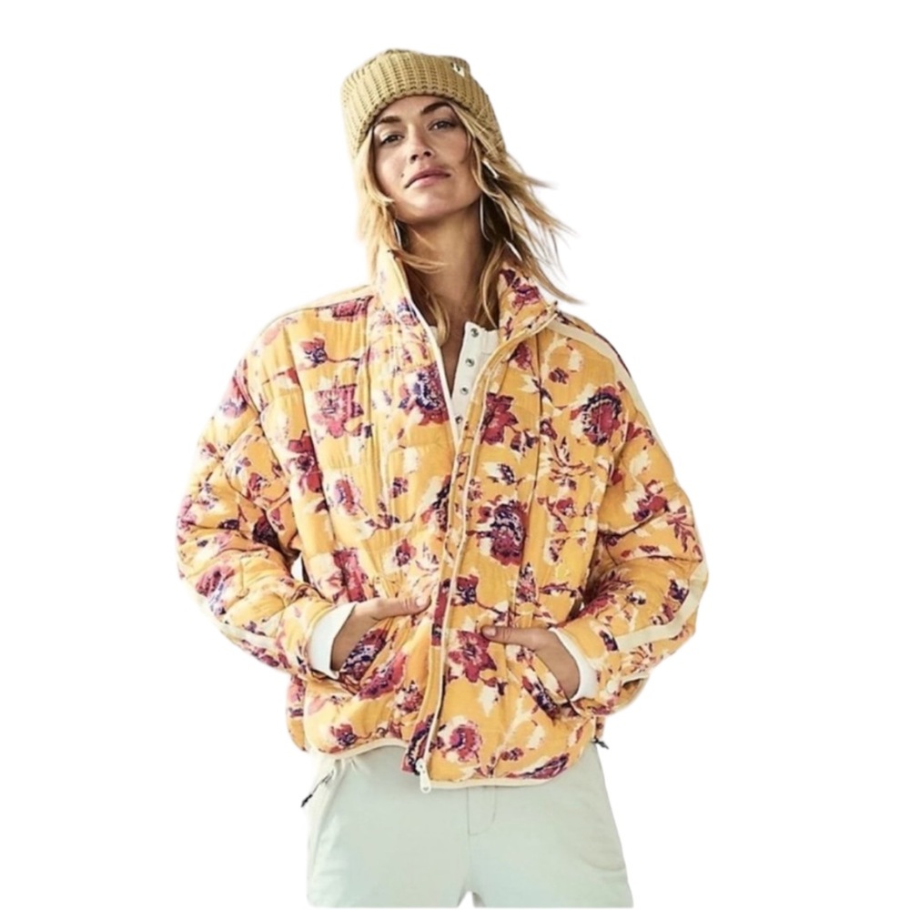 FP FREE PEOPLE MOVEMENT Floral Printed Pippa Packable Puffer Jacket Yellow Red S